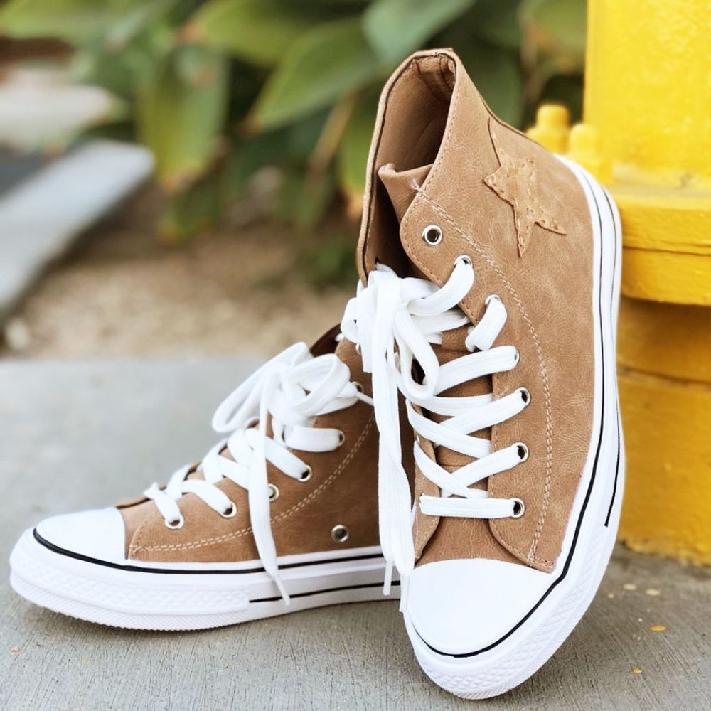 NEW High Top Faux Leather Stitch Star Patch Casual Sneakers Shoes Camel Beige - Picture 4 of 11